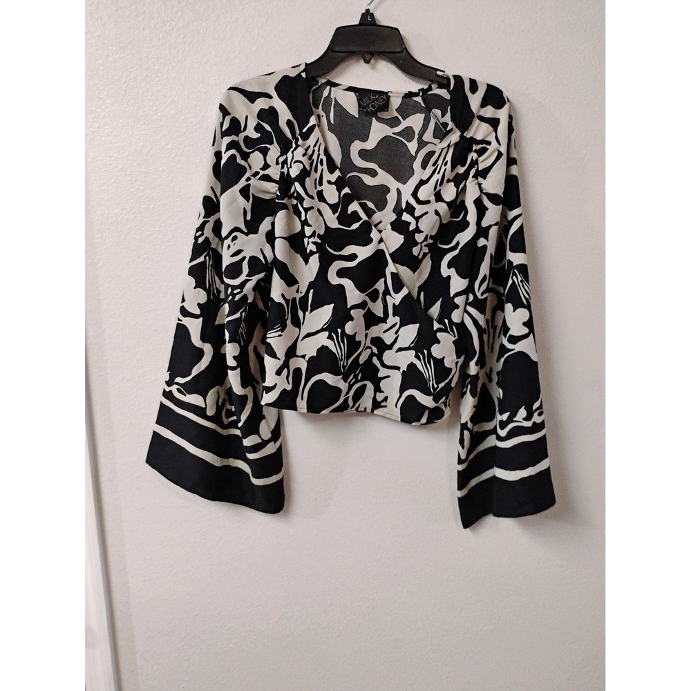 Milk & Honey Black White Abstract Floral Wrap Blouse Bell Sleeve Medium